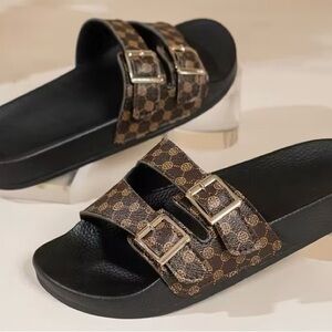 Brown and Black Slide Sandals